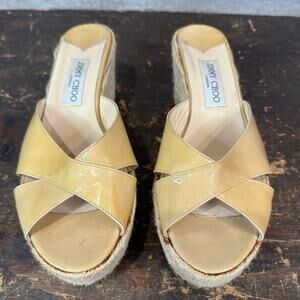 Jimmy Choo Beige Patent Leather Wedge Sandals US Size W10